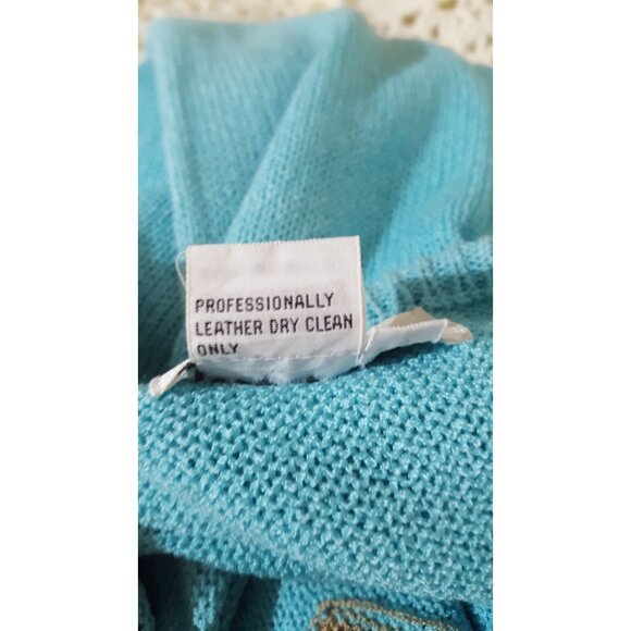 Vintage 80s Jaymee Papell Womens Pull Over Sweater Leather Trim Blue Long Sleeve - Picture 4 of 8